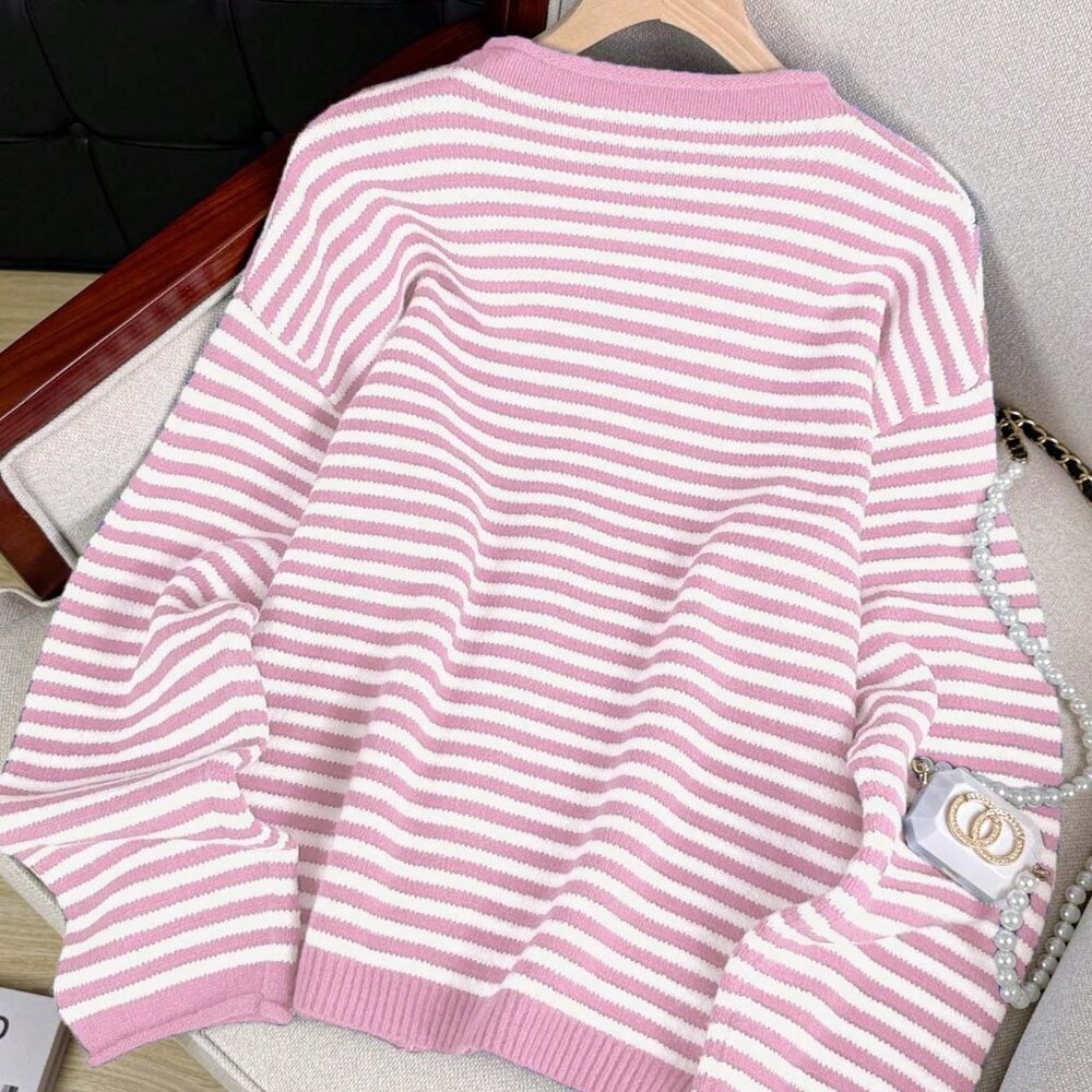 Pink Loose Women's Striped Knit Cardigan - Picture 5 of 7